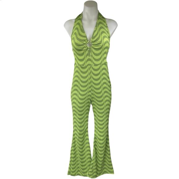 Wednesday's Girl Green Halter Retro Sleeveless Striped Flare Jumpsuit Size S - Picture 4 of 8